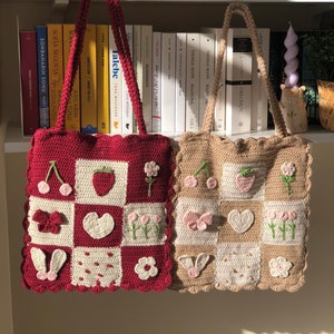 Cute Crochet Tote Bag, Summer Beach Bag, Strawberry Crochet Tote, Knit Tote Bag Flower, Gift For Friends,Handmade Crochet Tote Bag,Cute Gift