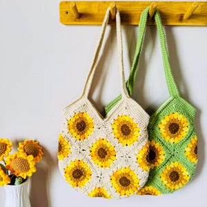 Sunflower Crochet Tote Bag, Custom Sunflower Granny Square Bag for Daily Match, Handmade Crochet Purse Bag Gift for Birthday, Mother's Day