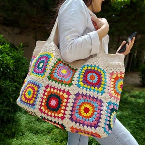 Granny Square Bag, Crochet Handle Bag, Crochet Bag, Shoulder Bag, Granny Square Tote Bag, Handmade Crochet Bags for Women, Gift Bag Custom
