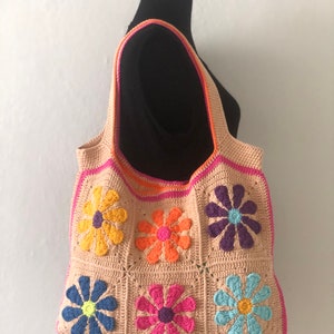 Granny Square Crochet Daisy Bag, Granny Square Flowers Tote Bag