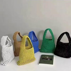 Handwoven Cotton Rope Mesh Bag – Boho Crochet Tote for Women, Stylish Candy Colored Handmade Shoulder Bag
