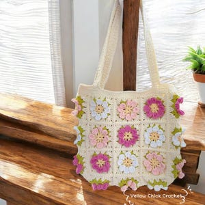 Flower Tote bag, Floral bag, Crochet Granny square bag, handmade shoulder bag, pink flower summer beach bag, mother's day gift, easter gift