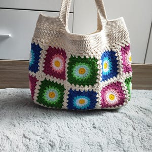 Handmade Crochet Bag, Colorful Boho Shoulder Bag, Vintage Style Knit Tote, Summer Beach Bag, Retro Granny Square Purse, Gift for Her