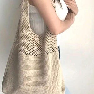 Boho Knit Mesh Tote Bag | Lightweight Casual Shoulder Bag | Eco-Friendly Beach and Market Bag | Handmade Minimalist Bag